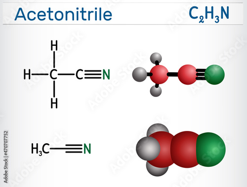 Acetonitrile, MeCN, methyl cyanide molecule. It is nitrile that is hydrogen cyanide in which the hydrogen has been replaced by a methyl group. Structural chemical formula, molecule model