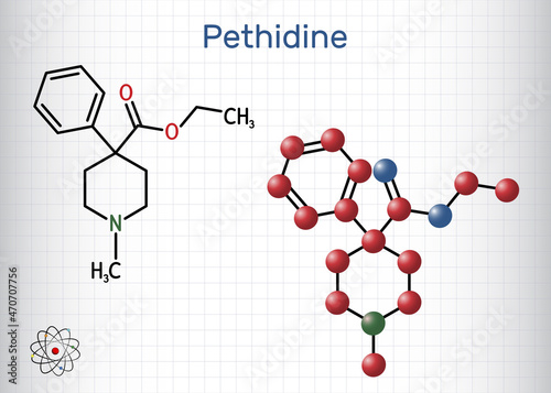 Pethidine, meperidin molecule. It is opioid agonist with analgesic and sedative properties used to manage moderate-to-severe pain. Sheet of paper in a cage
