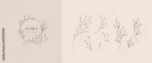 Set of inimal feminine botanical floral branch and logo. Hand drawn wedding herb, homeplant with elegant leaves. Botanical rustic trendy greenery vector
