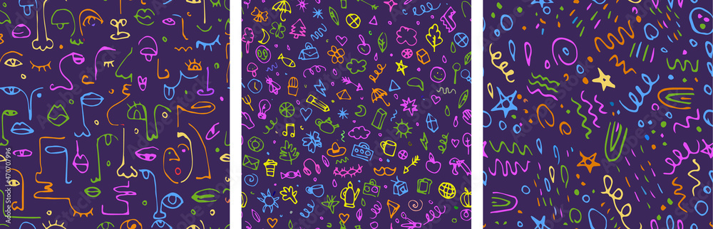 Set of colorful childish abstract hand drawn seamless pattern set. Contemporary minimal modern trendy freehand doodle. Templates for social media icons, posters. Vector Set of colorful childish abstract hand drawn seamless pattern set. Contemporary minimal modern trendy freehand doodle. Templates for social media icons, posters. Vector
