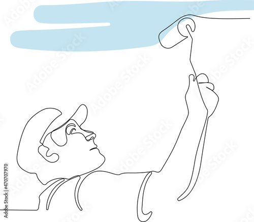 Continuous one line drawing of human hand holds paint brushes with paint can, floor painting, blank space for your text, banner, advertisement or your design minimal outline. Vector illustration