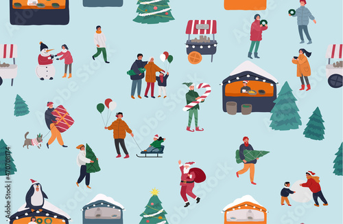 Christmas and New Year holiday vector seamless pattern. Animator in christmas costume, Santa claus and family. Christmas winter fair. Cartoon vector