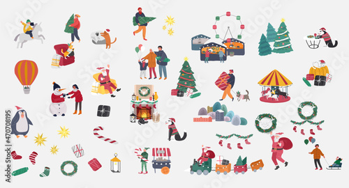 Set of Christmas and New Year holiday elements for cards. Animator in christmas costume, Santa claus and family. Christmas winter fair. Cartoon vector