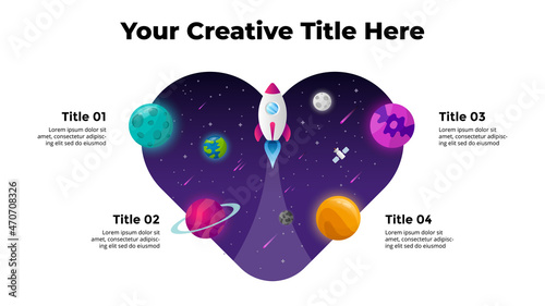 Heart sign. Circle diagram. Startup vector infographic. Rocket launch into space. Universe background. Presentation slide template. Business success chart. 4 steps.