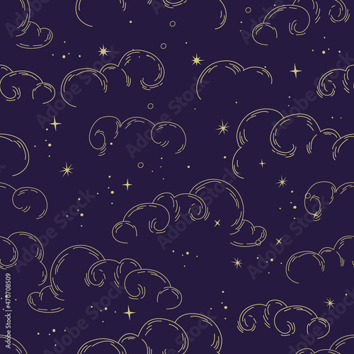 Vector eamless pattern with abstract clouds in linear and silhouette style. Chinese and Curl cloud celestial elements. Vector