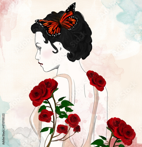 Thoughtful brunette with a butterfly on her head and floral decoration