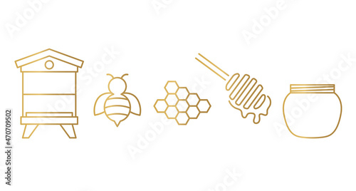 golden honey icons set: beehive, bee, honeycomb, dripper and jar- vector illustration