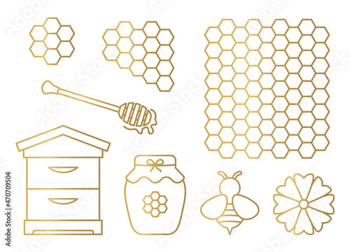 golden honey set: beehive, honeycombs, dripper, jar, bee and flower- vector illustration