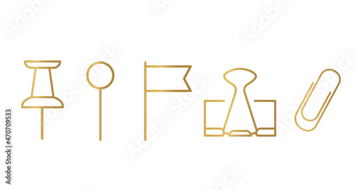 golden office push pins and paper clips set - vector illustration