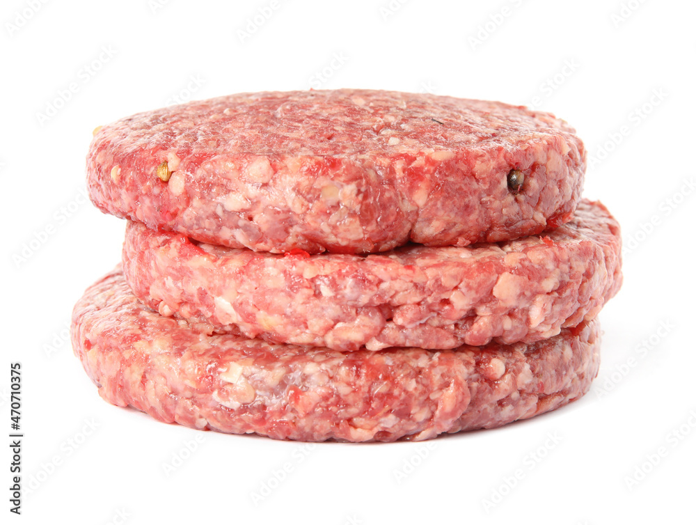 Stack of raw hamburger patties on white background, closeup Stack of raw hamburger patties on white background, closeup