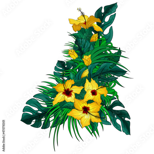 Hibiscus flowers and buds, monstera and palm leaves composition. Yellow floral arrangement isolated on white background. Exotic tropical bunch of flowers print for apparel, sticker, copybook cover.