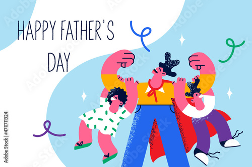 Happy father hold on hands excited children 