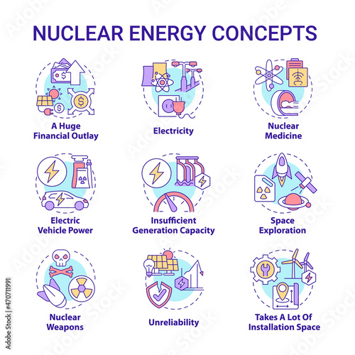Nuclear energy concept icons set. Innovative nuclear technology idea thin line color illustrations. Electricity production. Advanced medicine. Vector isolated outline drawings. Editable stroke