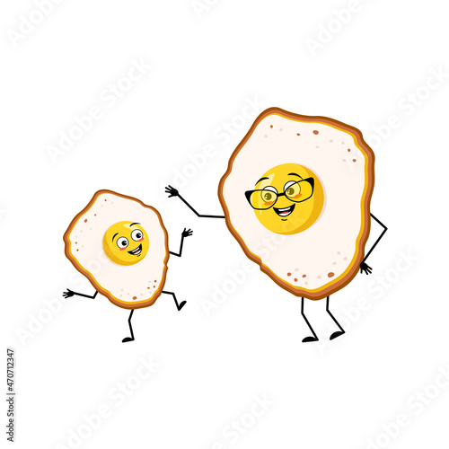 Cute character scrambled eggs with yolk and protein, with joyful emotions, happy face, smile, eyes, arms and legs. Grandmother with glasses and grandson. Vector flat illustration