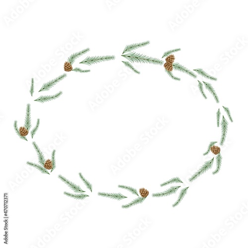 Christmas wreath in a minimalist style. Christmas tree branches with cones. Isolated on white background. Place for your text. Copy space. Vector graphics. Minimalism.