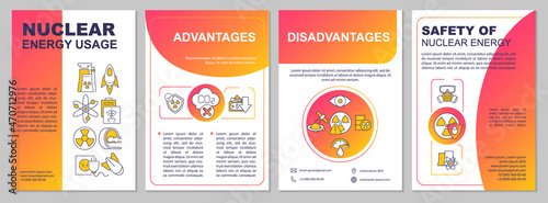 Nuclear power usage brochure template. Safety of atomic energy. Flyer, booklet, leaflet print, cover design with linear icons. Vector layouts for presentation, annual reports, advertisement pages