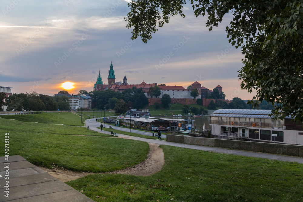 Wawel hill with historical royal castle building in Krakow, morning.