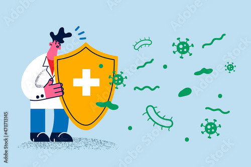 Doctor with shield protect from microbes and viruses