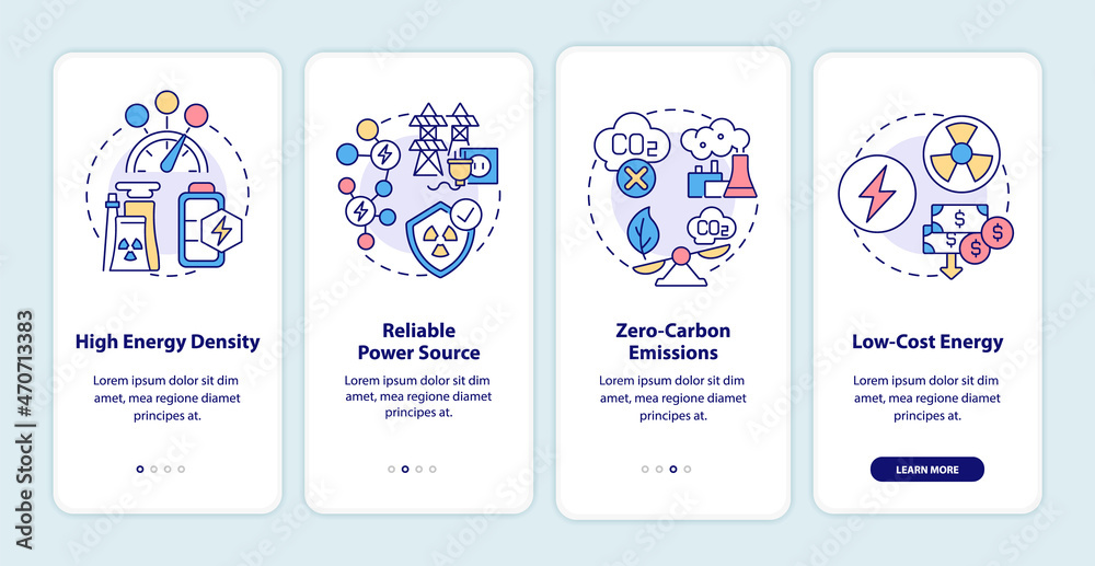 Nuclear energy advantages onboarding mobile app page screen. Reliable power source walkthrough 4 steps graphic instructions with concepts. UI, UX, GUI vector template with linear color illustrations