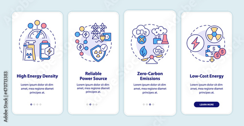 Nuclear energy advantages onboarding mobile app page screen. Reliable power source walkthrough 4 steps graphic instructions with concepts. UI, UX, GUI vector template with linear color illustrations © bsd studio