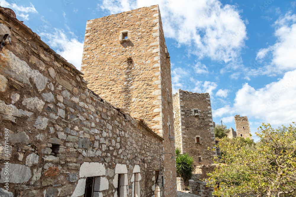 Stonewall tower-houses at Vatheia Vathia village Mani peninsula Laconia Peloponnese Greece.