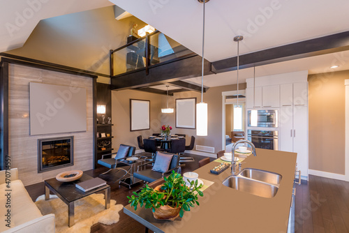 Modern  bright  clean  kitchen interior with stainless steel appliances in a luxury house