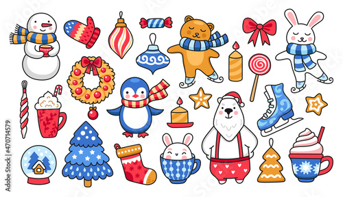 Set of cute christmas and winter elements and cartoon characters. Snowman, polar bear, penguin, bunny and holiday decorations. Vector isolated illustrations.