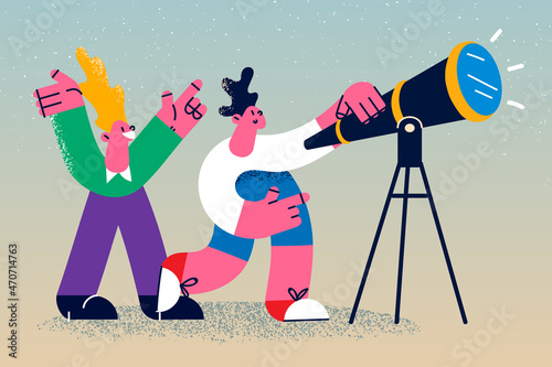 Smiling friends look in telescope seeing stars 
