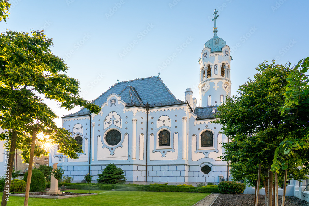 Blue Church in Bratislava with blue sky in high resolution with copy space