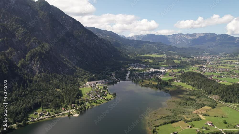Aerial view of Hallstätter See or Lake Hallstatt and big mountains Alps next to village Hallstatt in Austria, travel and nature concept Aerial view of Hallstätter See or Lake Hallstatt and big mountains Alps next to village Hallstatt in Austria, travel and nature concept