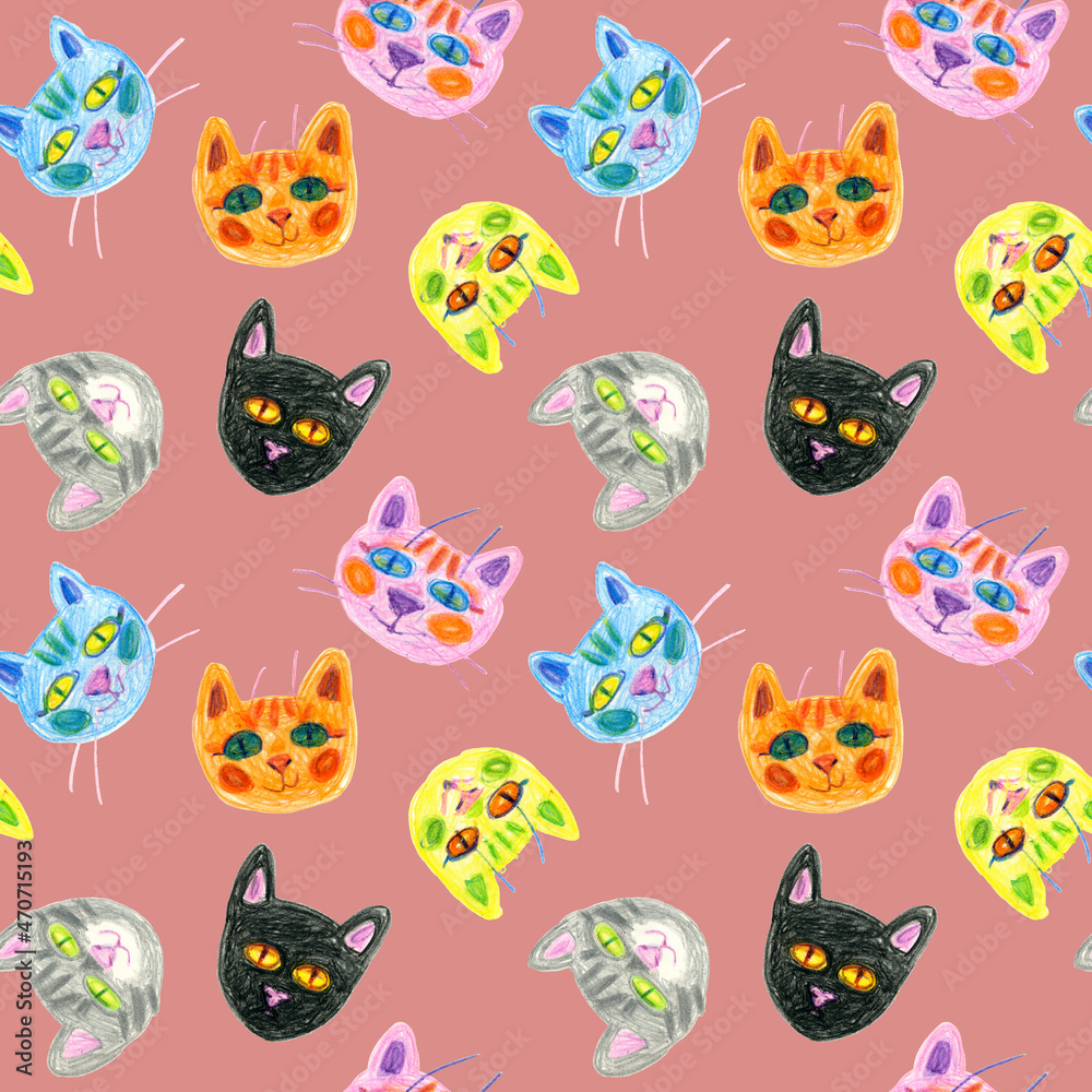 Seamless pattern of multicolored faces of cats drawn with wax crayons on a pale violet red background. For fabric, sketchbook, wallpaper, wrapping paper. Seamless pattern of multicolored faces of cats drawn with wax crayons on a pale violet red background. For fabric, sketchbook, wallpaper, wrapping paper.