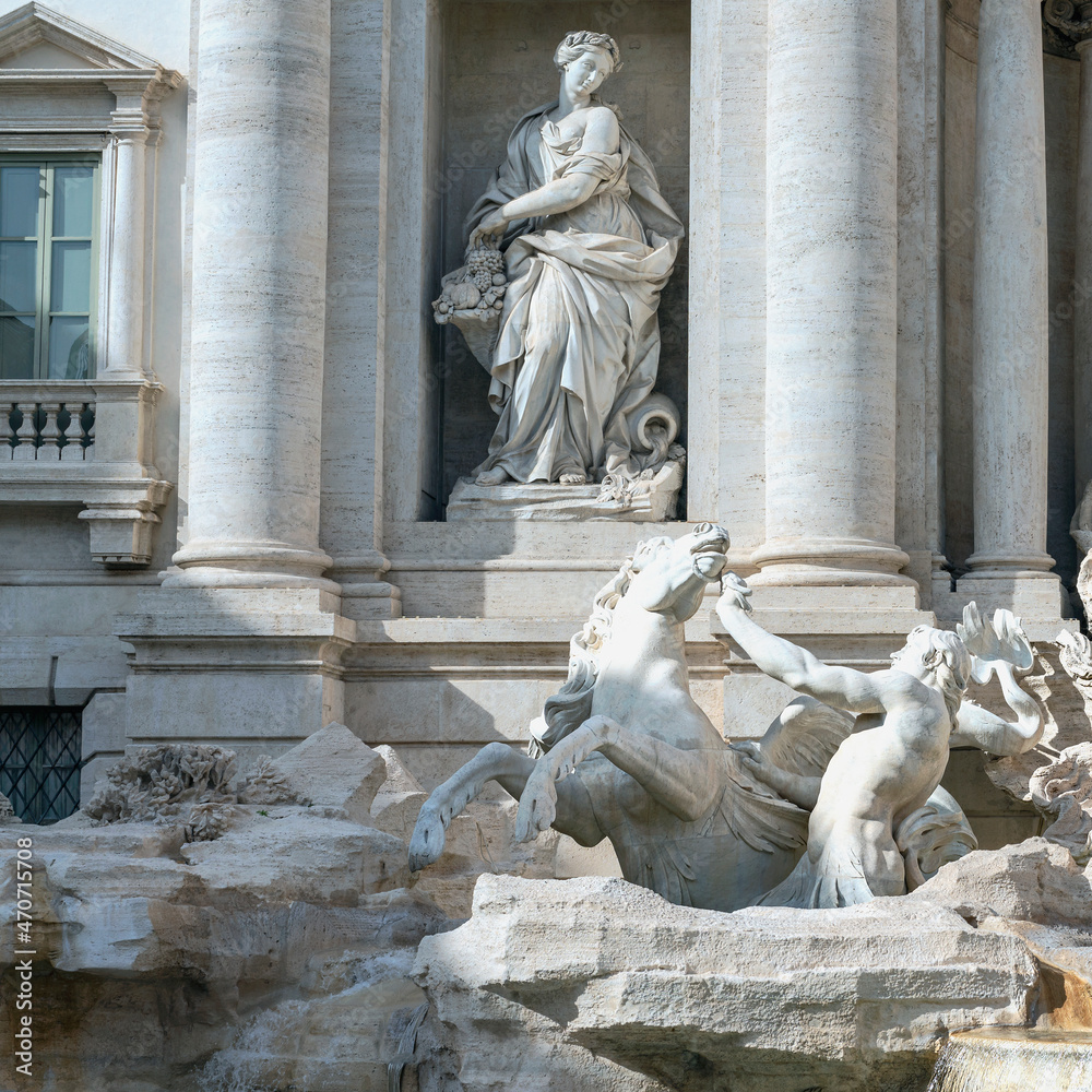 Rome, Italy - October 7, 2019 - view of a fragment of the sculptural group of the Trevi Fountain. Rome, Italy - October 7, 2019 - view of a fragment of the sculptural group of the Trevi Fountain.