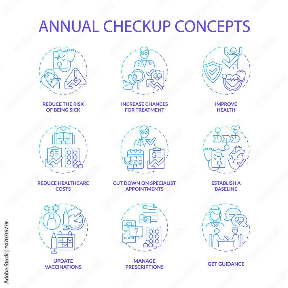 Annual checkup blue gradient concept icons set. Regular medical examination idea thin line color illustrations. Disease complications prevention. Healthcare. Vector isolated outline drawings