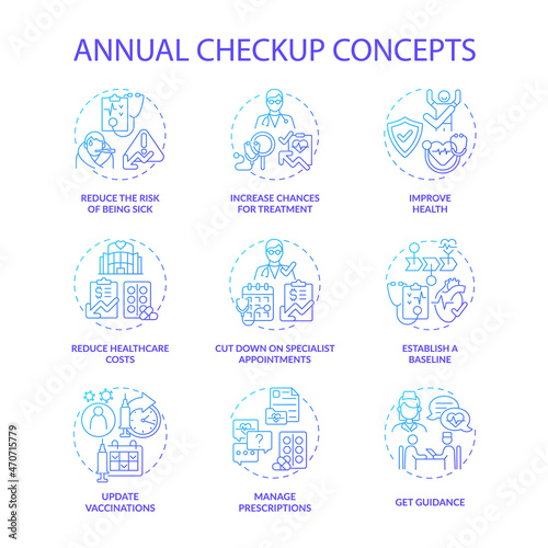 Annual checkup blue gradient concept icons set. Regular medical examination idea thin line color illustrations. Disease complications prevention. Healthcare. Vector isolated outline drawings