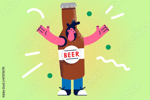 Smiling man dressed in beer costume advertise product