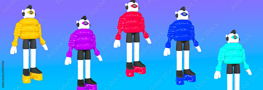 Minimalistic stylized collage banner art. 3d monster characters in stylish bomper and platform boots. Fashion concept