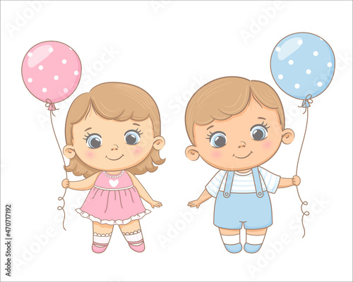 Cute girl and boy with balloons in their hands. Vector illustration of a cartoon.