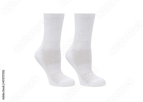 White color short mini socks mockup for design isolated on white background. Set of short socks for sports as mock up and label for advertising, logo, branding. Pair sport cotton socks.