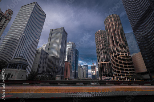 Early morning view of a bridge across the main stem of the Chicago River with skyscrapers in the background, Downtown Chicago, IL, USA