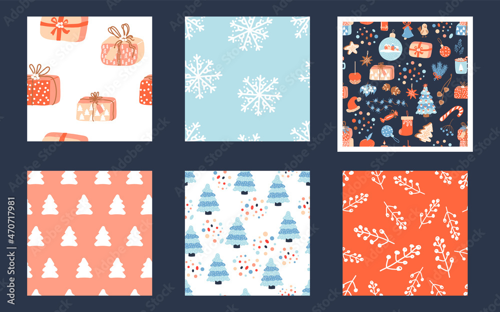 Set of 6 Christmas patterns. Vector backgrounds with spruce, gift boxes and dots. Ideal for design of fabric, cards, wrapping paper for Happy New year