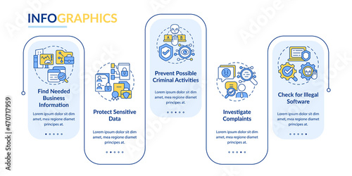 Surveillance legal policy vector infographic template. Work tracking presentation outline design elements. Data visualization with 5 steps. Process timeline info chart. Workflow layout with line icons