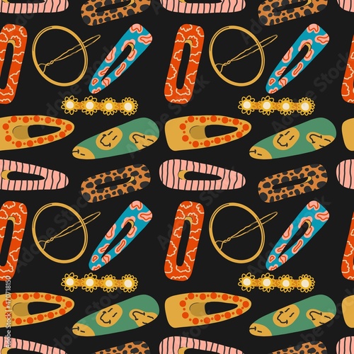Vector illustration with flat hairpins, seamless pattern. Hair accessories. Beauty design. The concept of a female salon.