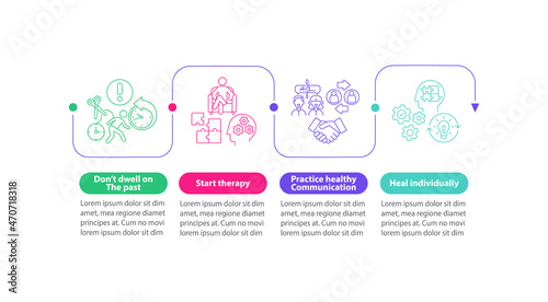 Individual therapy vector infographic template. Recovery after abuse presentation outline design elements. Data visualization with 4 steps. Process timeline info chart. Workflow layout with line icons