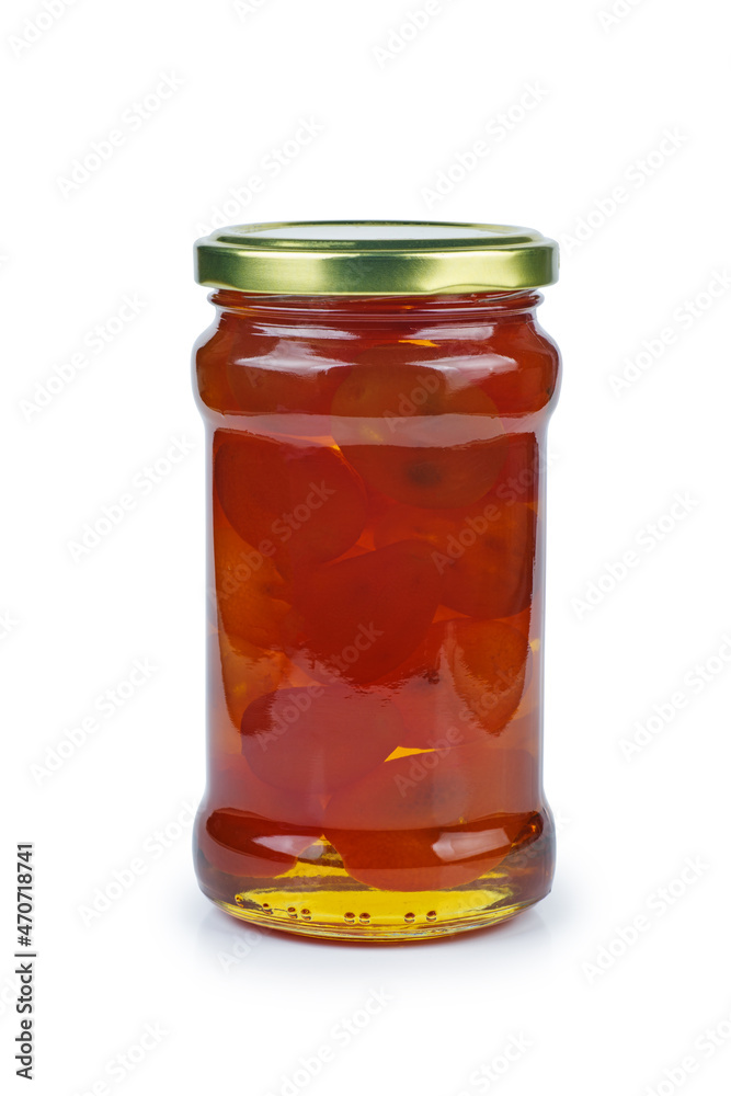 Cumquat or kumquat jam in glass jare isolated on white background Cumquat or kumquat jam in glass jare isolated on white background