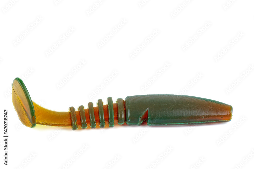 Jig silicone fishing lure isolated on a white background. Colorful baits. Silicone soft plastic bait lure Jig silicone fishing lure isolated on a white background. Colorful baits. Silicone soft plastic bait lure