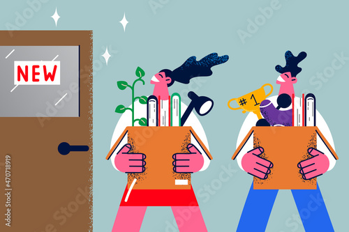 Happy people newcomers settle in new office 