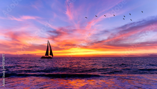Colorful Sunset Sailboat Ocean Inspirational Landscape