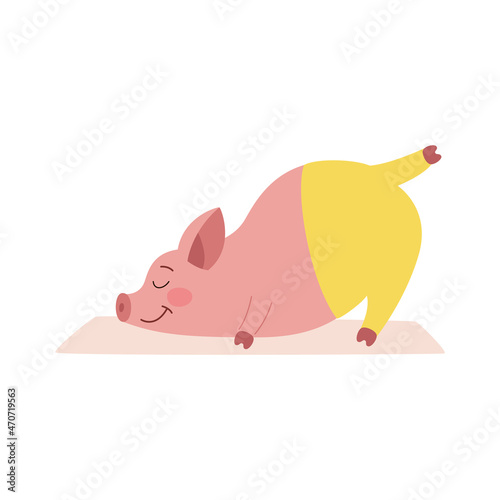 Pink pig in yellow leggings on yoga. Vector illustration of cartoon character flat. Stretching and sports