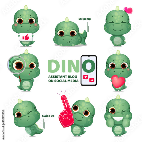 Dino holds a sign with like, shows tap tap and swipe up. Little kid character. Creative layout for social media blogging. Vector illustration.
