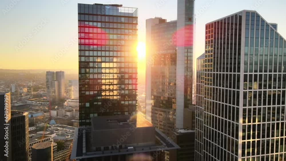 cinematic aerial view shot of Frankfurt am Main de on color sunset, financial capital of Europe, Germany (part 1)